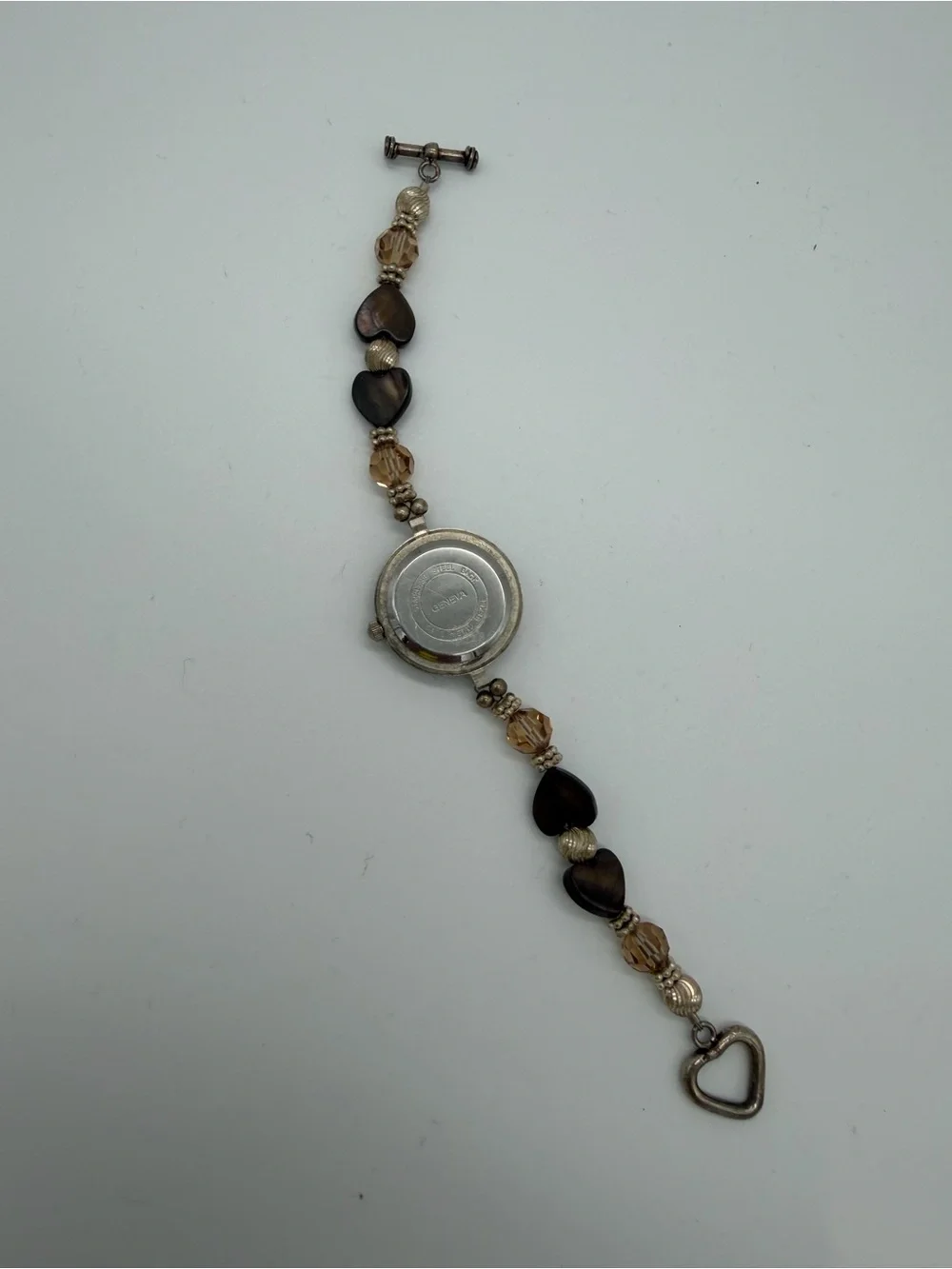 Geneva Brown Heart Bead Bracelet Watch with Silver Accents